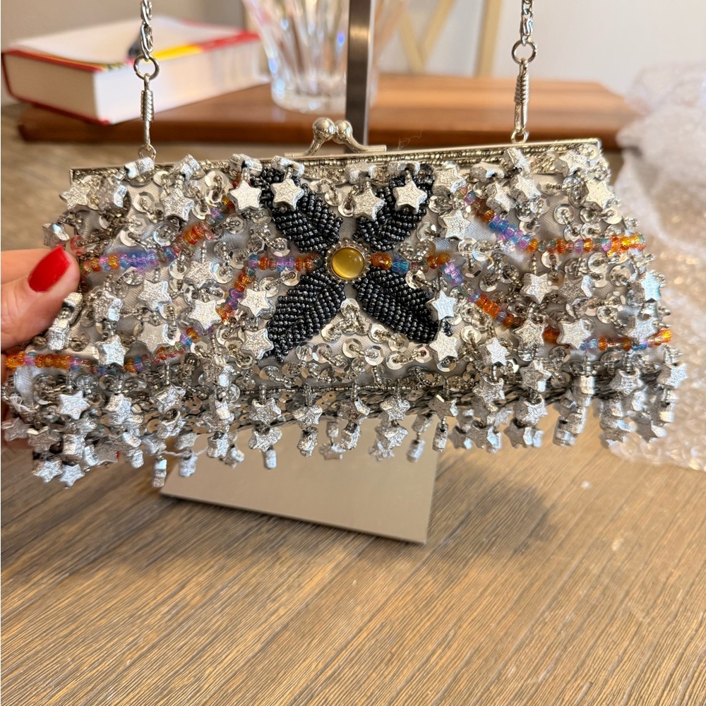 Silver Star-Beaded Evening Clutch with Multicolor Accents